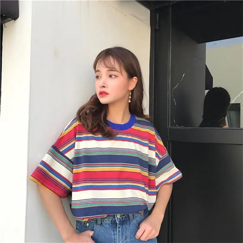 Женская Радужная футболка Ulzzang в полоску японском стиле Harajuku|Футболки| |