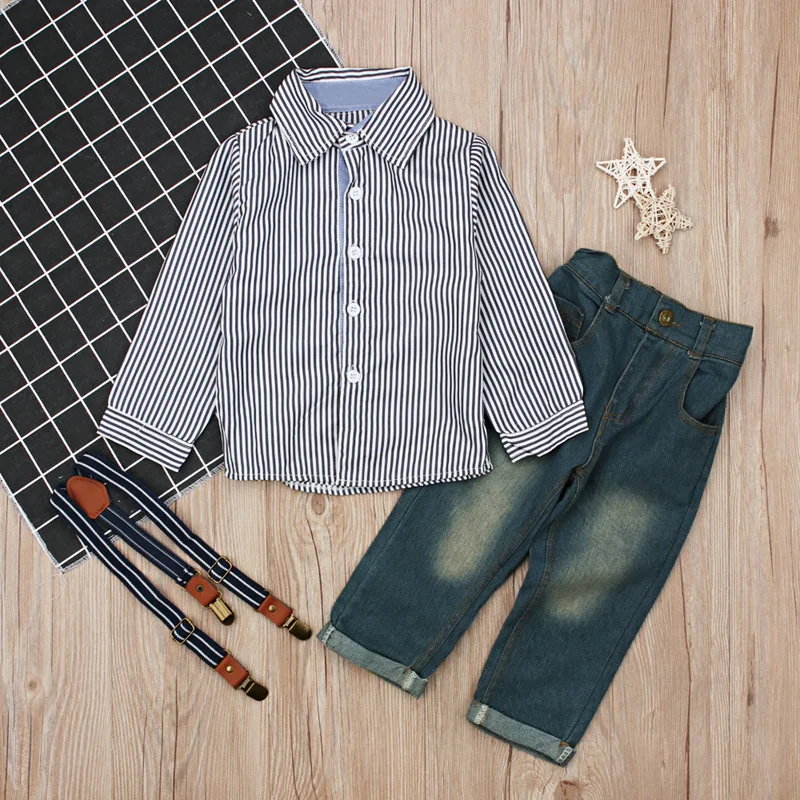 2018 New Formal Autumn Suit Sets Stripe Long Sleeve Blouse Camisa Jeans Full Pants Kids Clothes Children Clothing 3 Pcs Boys |
