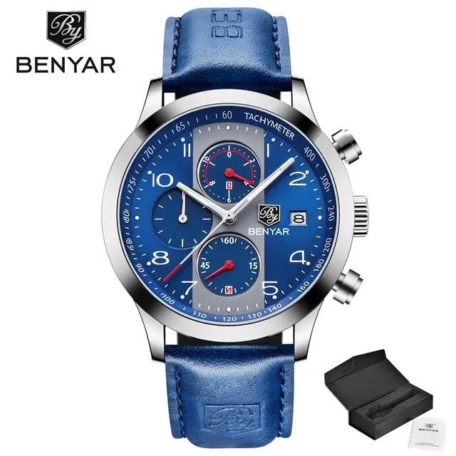 blue BENYAR Топ люксовый бренд мужские спортивные часы кварцевые хронограф повседневные модные водонепроницаемые кожаные мужские наручные часы Relogio Masculino - Цвет: blue