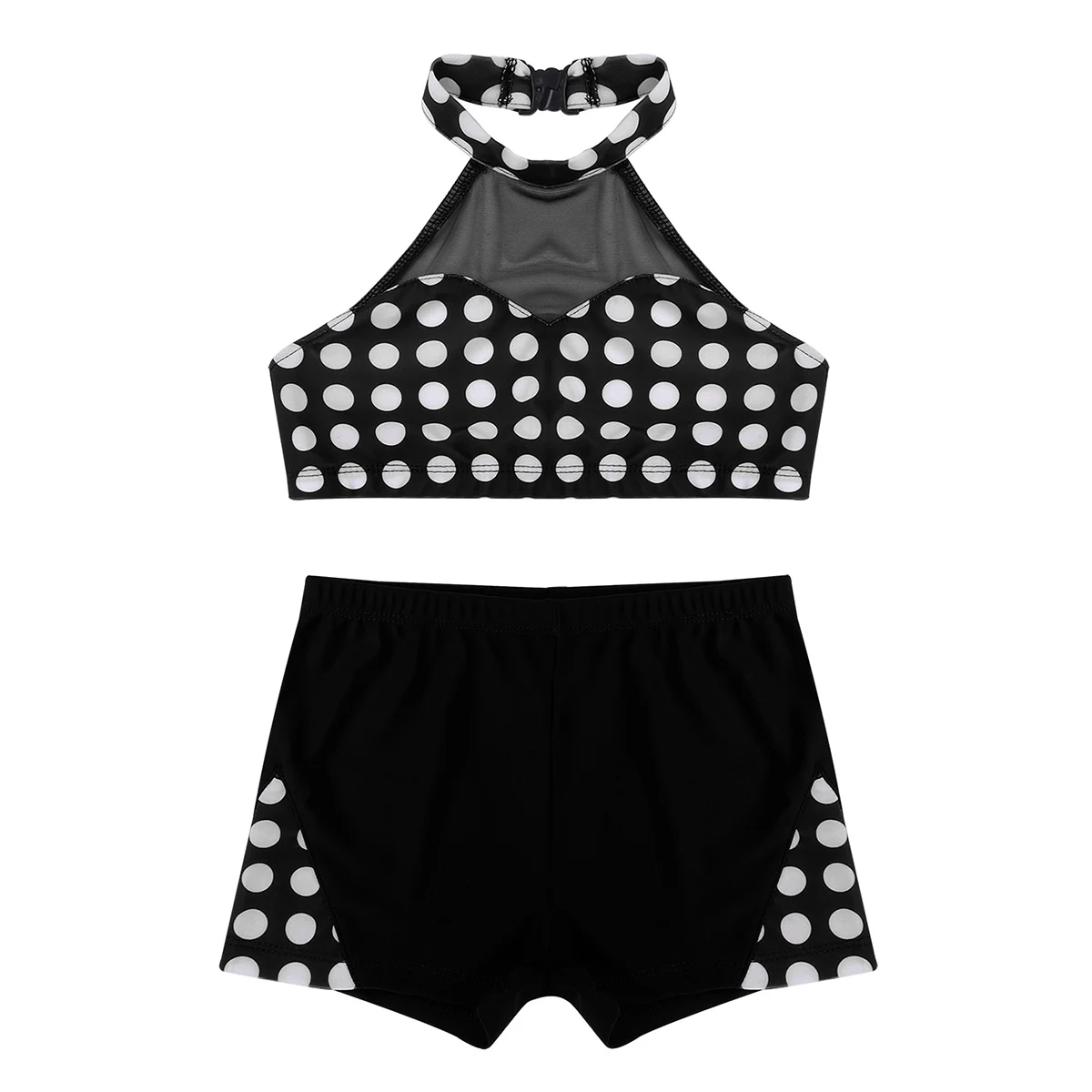 ChicTry Kids Teens Polka Dots Mesh Splice Halter Ballet Gymnastics Shorts with Crop Top Sports Set Children Girls Dance Costumes |