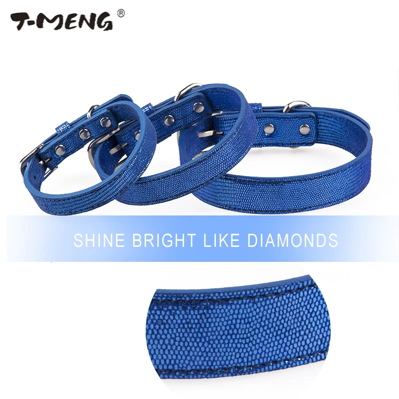 Блестящий синий кожаный собачий ошейник для маленьких и больших собак ошейники