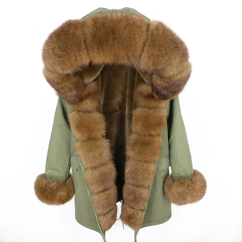 green dark brown Женская парка с натуральным лисьим мехом OFTBUY, бежевое пальто с отделкой из лисьего меха, свободная длинная парка, верхняя одежда со съемным мехом, зима - Цвет: green dark brown