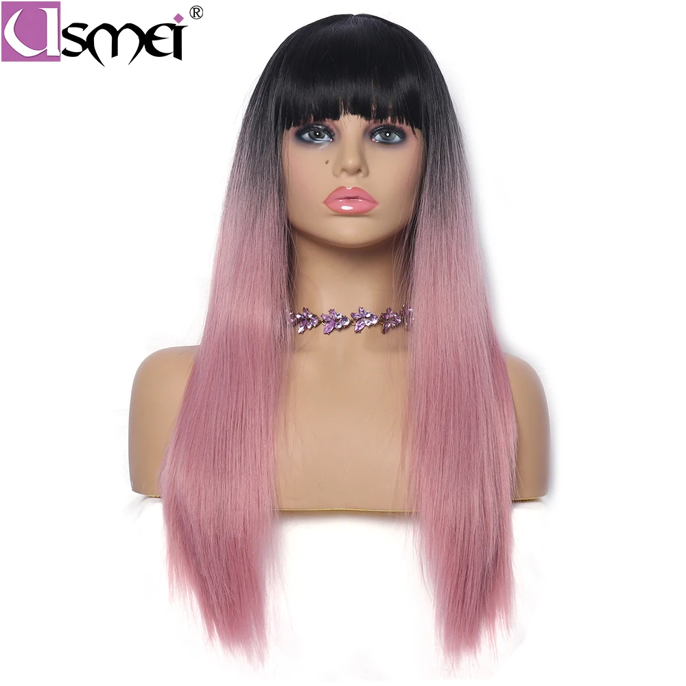 

USMEI 26inches Long Straight Synthetic Wigs For Women pink wig with bangs High density Temperature fiber hair Ombre wig Cosplay