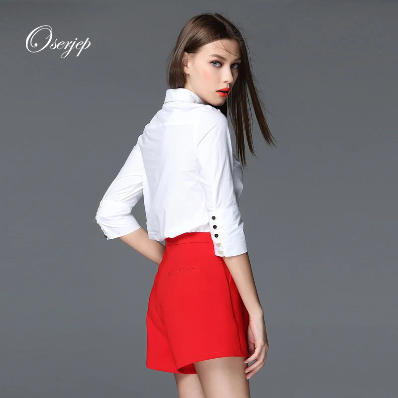 100% Хлопок 2016 Oserjep Лето Женщины Белая Кофточки 7 Очков рукавом Выключите Воротник
