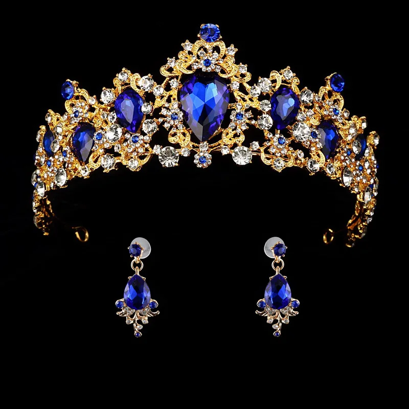 blue Большие стразы, свадебная корона, свадебные диадемы, Корона невесты и серьги, повязка на голову, свадебные аксессуары, диадема, украшение для волос - Окраска металла: blue