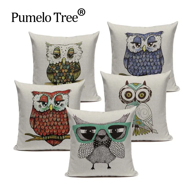 

Decorative Cotton Linen Animal Series Vintage Created Cartoon Owl Cotton Pillow 45Cmx45Cm Square 3D Throw Pillow Cover
