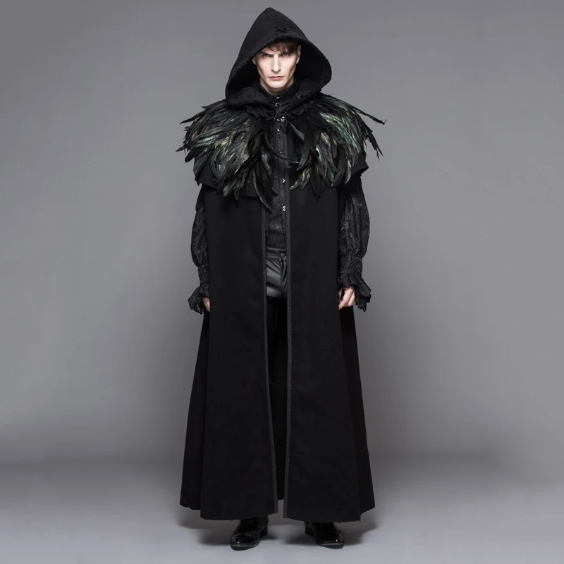 

Devil Fashion Punk Men Long Cloak Coats Gothic Velvet Hooded Overcoats With Detachable Feathers Shawl Halloween Loose Capes
