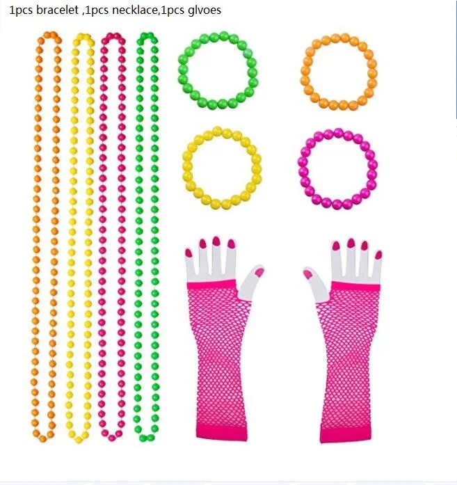 

Plastic Neon Bead Necklaces Neon Bracelets Long Fishnet Gloves Set 80s Party Dress Accessories Multicolour Coldker