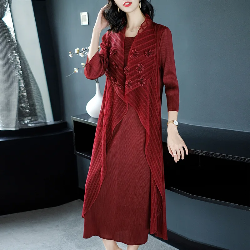 Dress Women Chinese style Autumn New Fashion Faux Two Piece Miyake Pleats Dresses For Women Weight 45-75kg