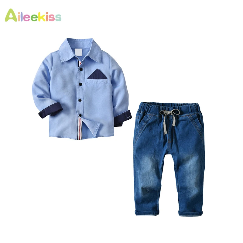 AILEEKISS/весенне-осенние комплекты джентльмена для мальчиков рубашка + джинсы 2