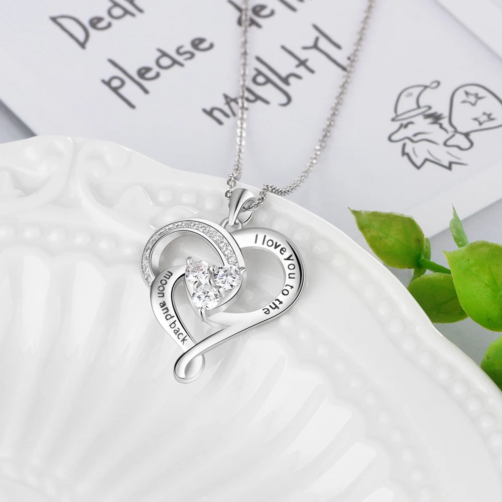 "I love you to the moon and back" 925 пробы Серебряное сердце ожерелья и подвески блестящие CZ элегантные свадебные женские ювелирные изделия(NE103112