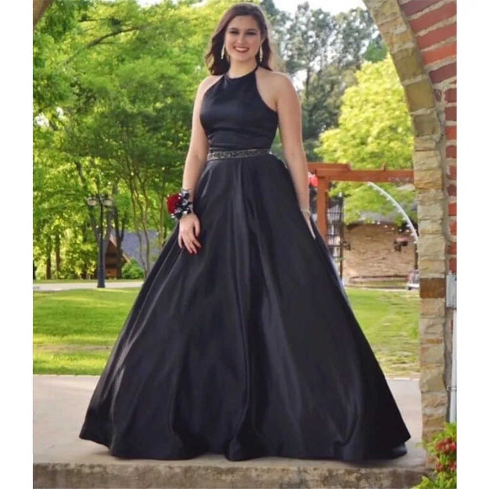 HONGFUYU Elegant Satin Halter Ball Gown Prom Dresses Long Beaded Belt Formal Occasion Gowns Party with Pockets Evening | Свадьбы и
