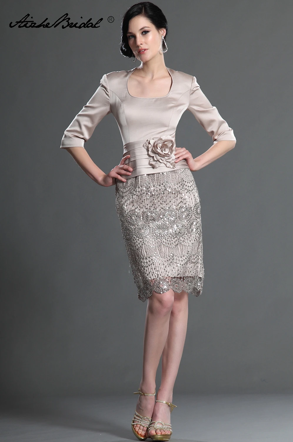 

Formal Women's Dress Short Elegant Half Sleeve Flower Lace Mother of the Bride Dress Knee Length
