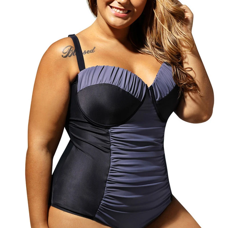 Плюс большой размер цельный женский купальник черный строчка Плиссированное