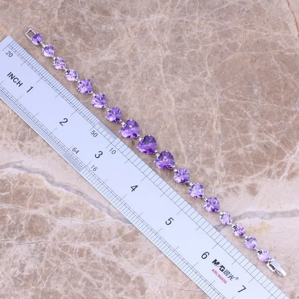 Heart Shaped Purple Cubic Zirconia Silver Plated Link Chain Bracelet 7 inch Jewelry Bag S0280 | Украшения и аксессуары