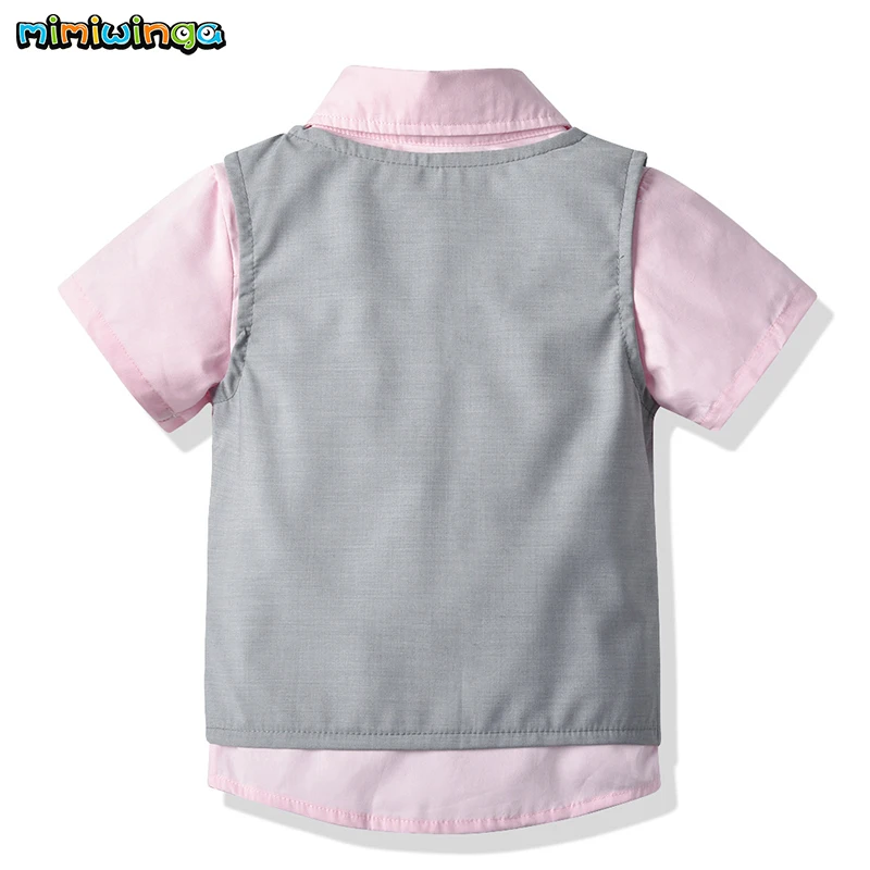 Mimiwinga 3pcs Baby Boys Suit Gentleman Bow Tie Short Sleeve Shirt Vest Tops Elastic Shorts Set Cotton Solid Children's Clothes |