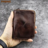 pndme vintage simple soft genuine leather 2 zipper multi function coin purse natural cowhide small money and cards wallets