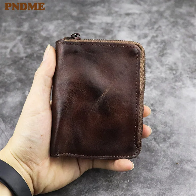 PNDME винтажный простой мягкий кошелек из натуральной кожи на 2 молнии
