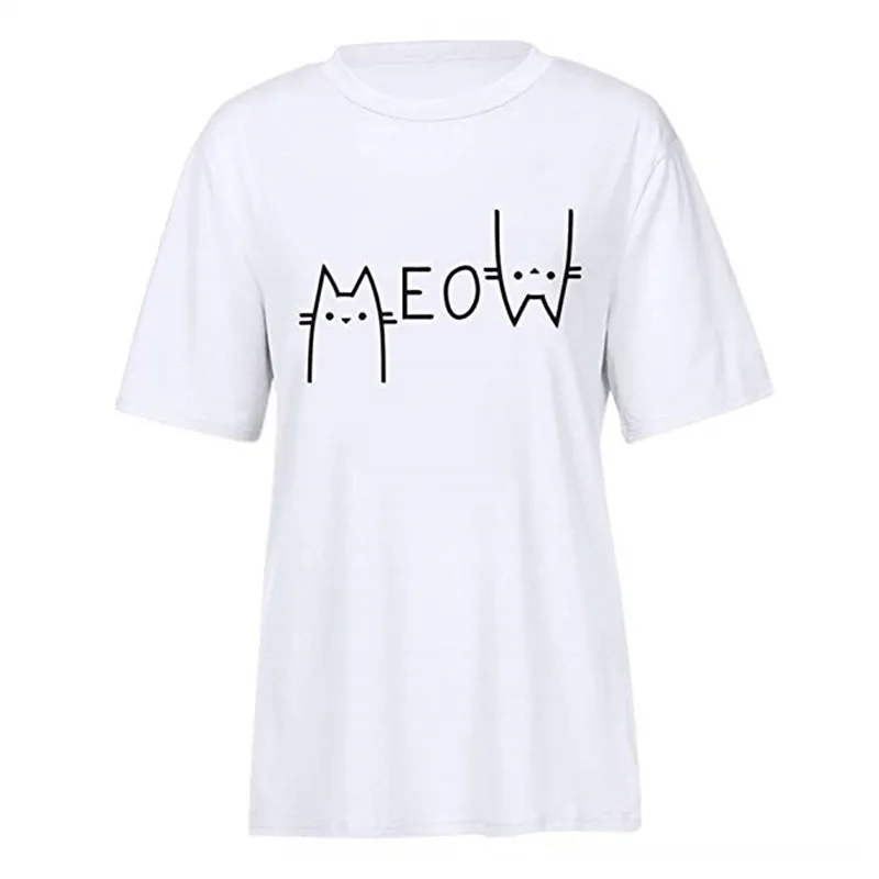Футболка LUSLOS Meow женская с принтом милого кота летняя белая футболка 2019 кошки для