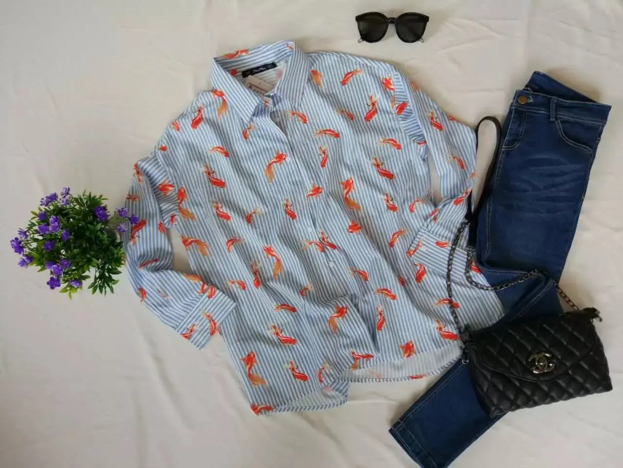 2017 Новый Золотая Рыбка Печати С Длинным Рукавом Блузки Рубашки Женщин Топ-Моды |