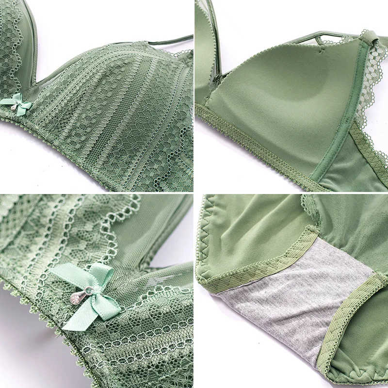 

Roseheart Women Fashion Red Green Lingerie Lace Straps Bralette Bow Soft Trim Panties Wireless Bra Sets Underwear Lingerie Sets