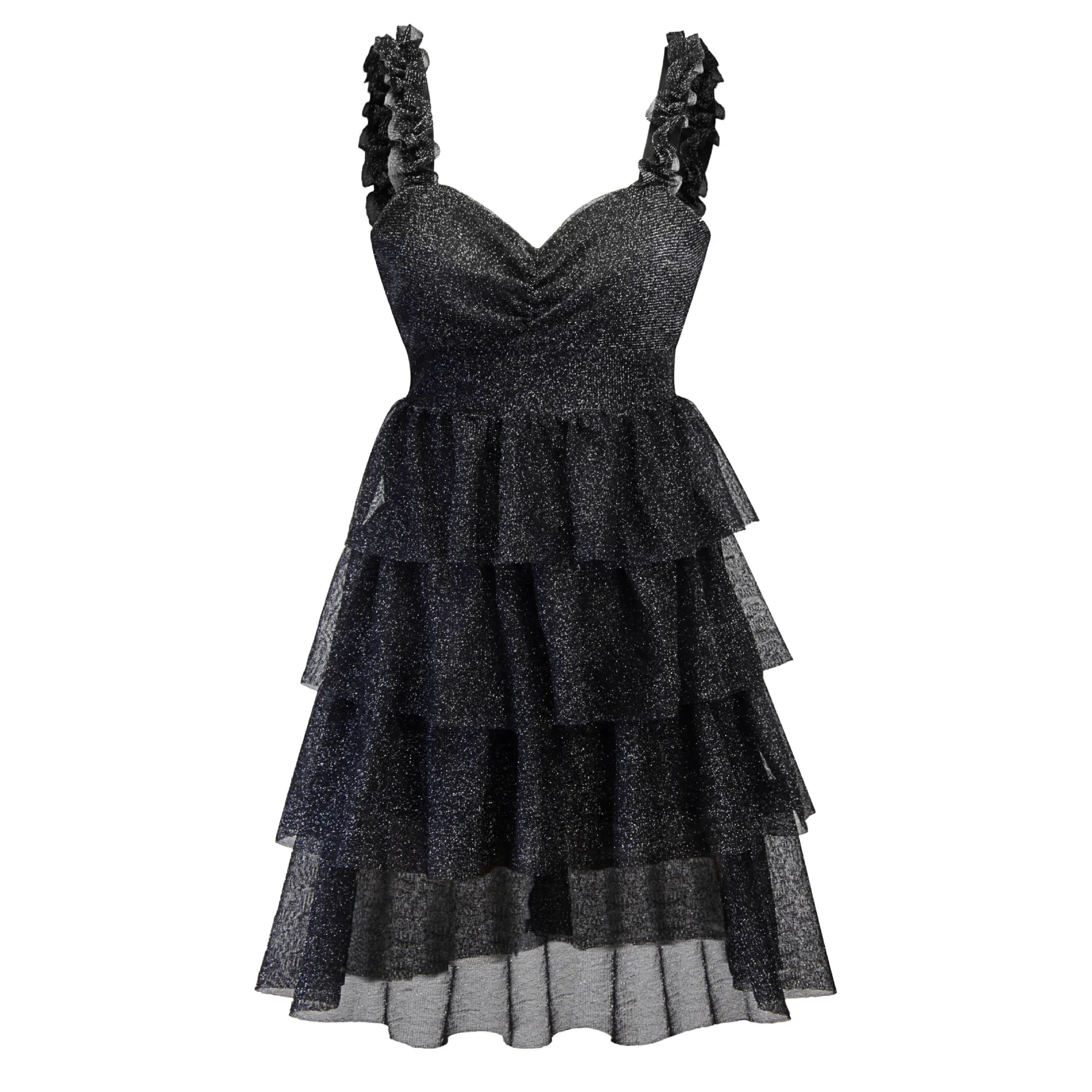 2019 women Sparkly Black Cascading A line Dress elegant Glitter Sleeveless Pleated Party for ladies | Женская одежда