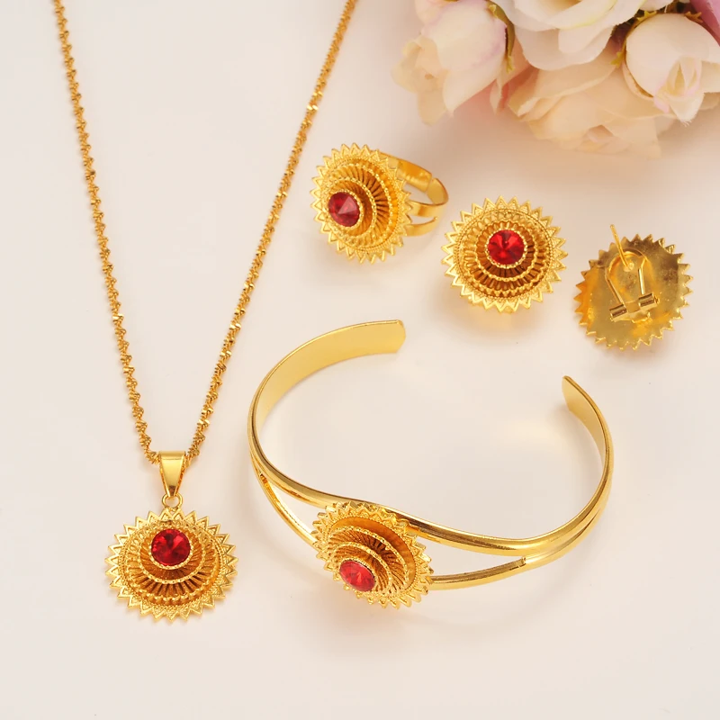 Habesha Set Ethiopia Style Necklace Earrings Ring bangle Gold Color Jewelry Sudan women girls cz cystal bridal Wedding Gift | Украшения и