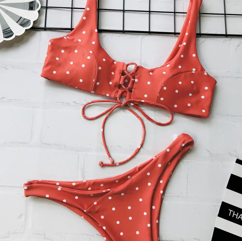 

2019 New Bikini Set Sexy Dot Bandage Swimsuit For Women Red Bandeau Beach Wear Female Bathing Suit Summer Biquini