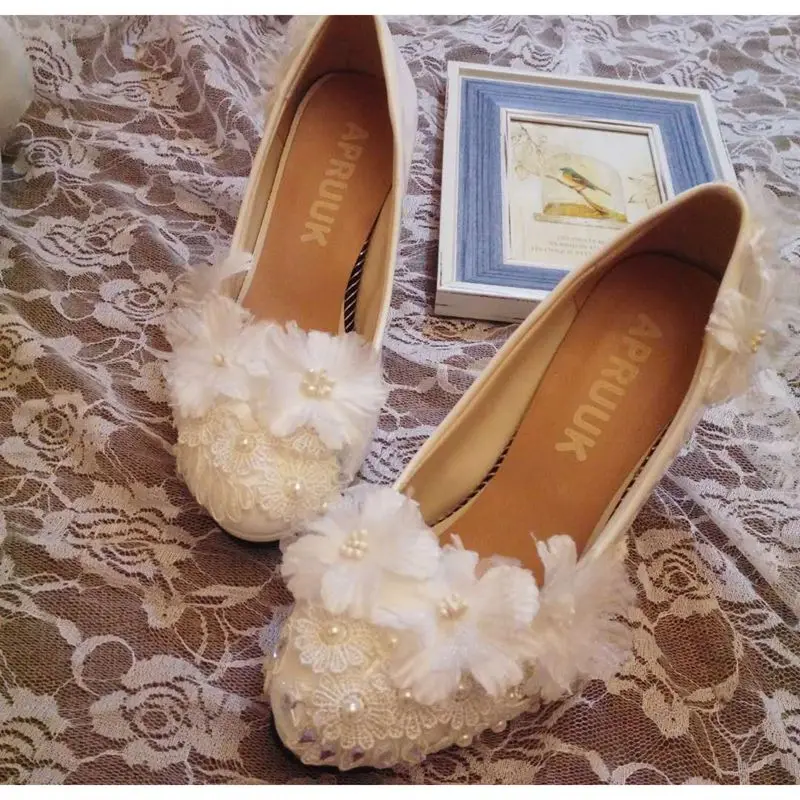 HANDMADE lace white wedding shoes women plus large sizes round toes FLOWERS brides bridal bridesmaid party dress | Обувь