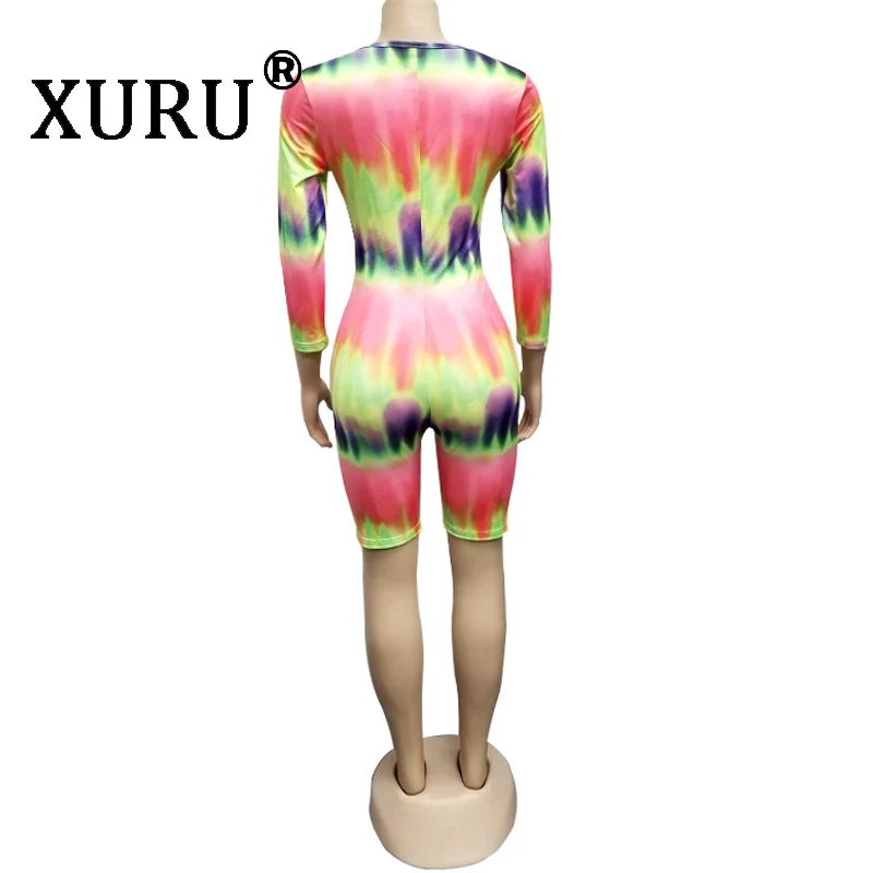 

XURU Summer New Products Women's Print Jumpsuit V-neck Gradient One-piece Shorts Club Party Leotard