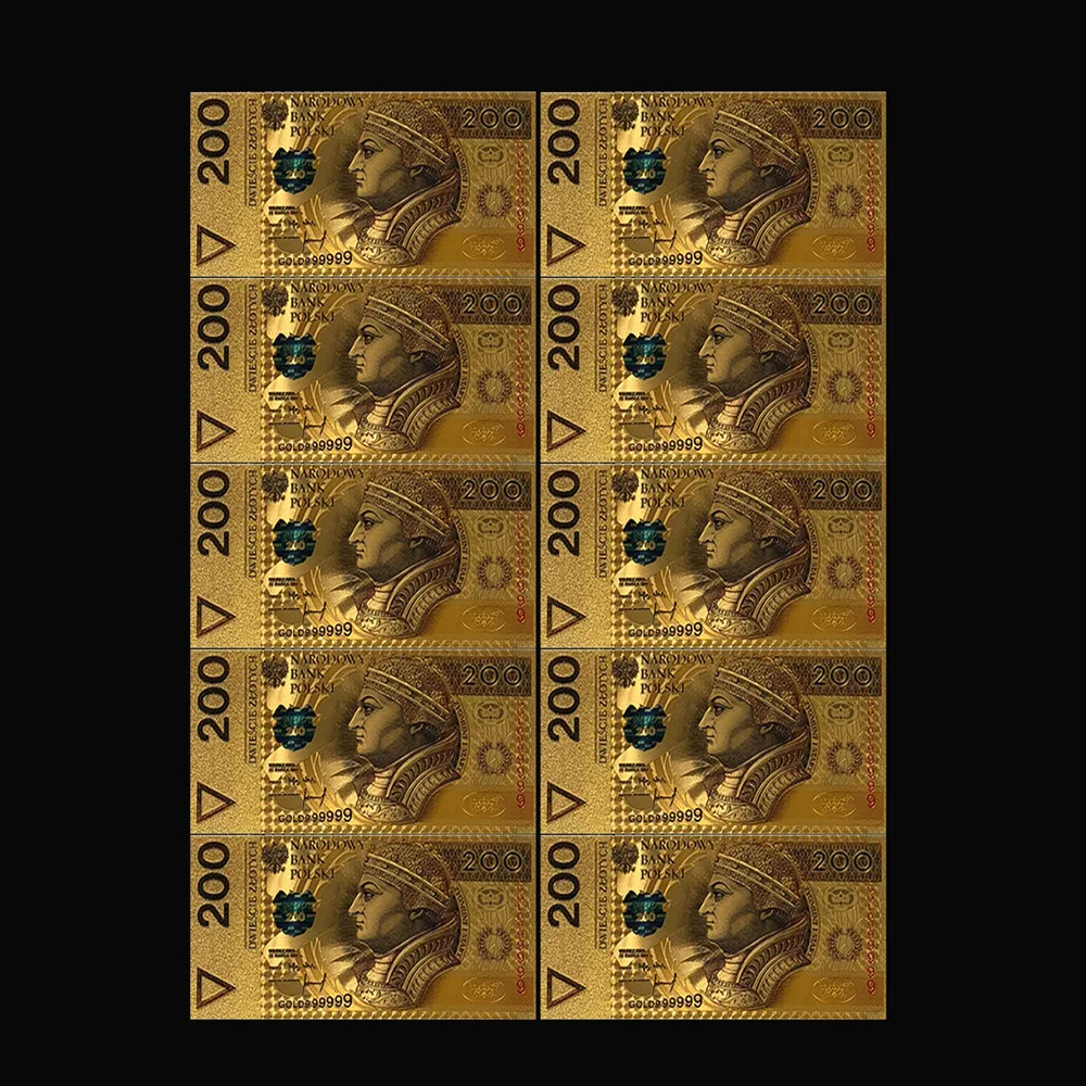 

10 Pieces / Set New Polish 200 Zloty Gold Foil Banknotes Color Printing Fake Money Collection and Gifts
