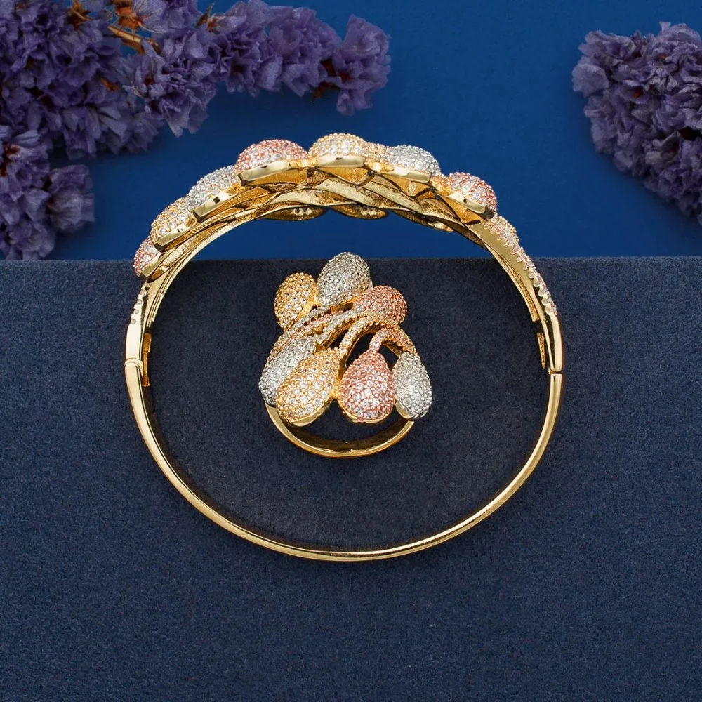 ModemAngel роскошный браслет с павлиньим хвостом и кубическим цирконием кольцо 3 тона