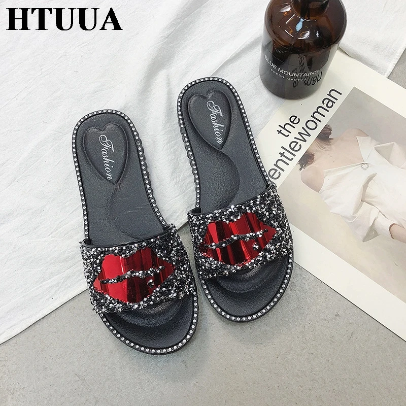 HTUUA/блестящие женские тапочки из расшитой блестками ткани домашние шлепанцы на