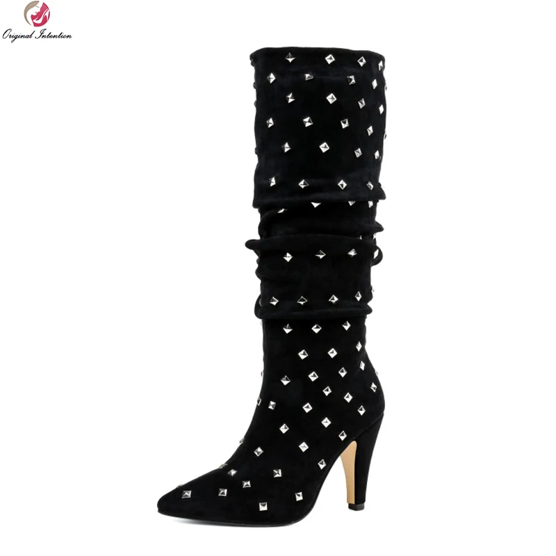 

Original Intention Fashion Women Mid-Calf Boots Fashion Rivets Pointed Toe Spike Heel Boots Nice Black Shoes Woman US Size 4-9