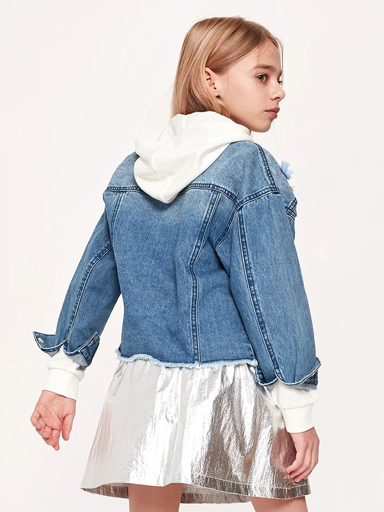 Balabala Girls Denim Jacket with Collar Fashion Jeans Raw-edge Hem Children Teenager Spring Clothes | Детская одежда и обувь - Фото №1