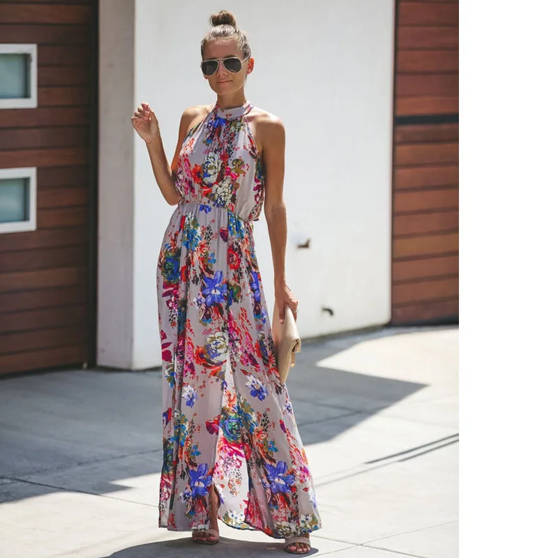 Женское Boho Lange платье макси Леди Avond вечерние пляжные платья Zonnejurk Bloemen Mouwloze Lange Jurk