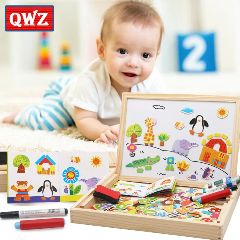

QWZ деревянные пазлы для детей мультипликационные животные многофункциональная магнитная головоломка доска для рисования Развивающие игру...