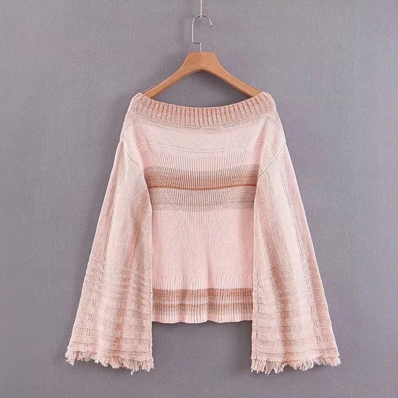

Women 2019 Autumn and Winter New Trumpet Sleeves Hit Color Sweater Round Neck Pullover Loose Sweater Women Casaco Feminino Pink