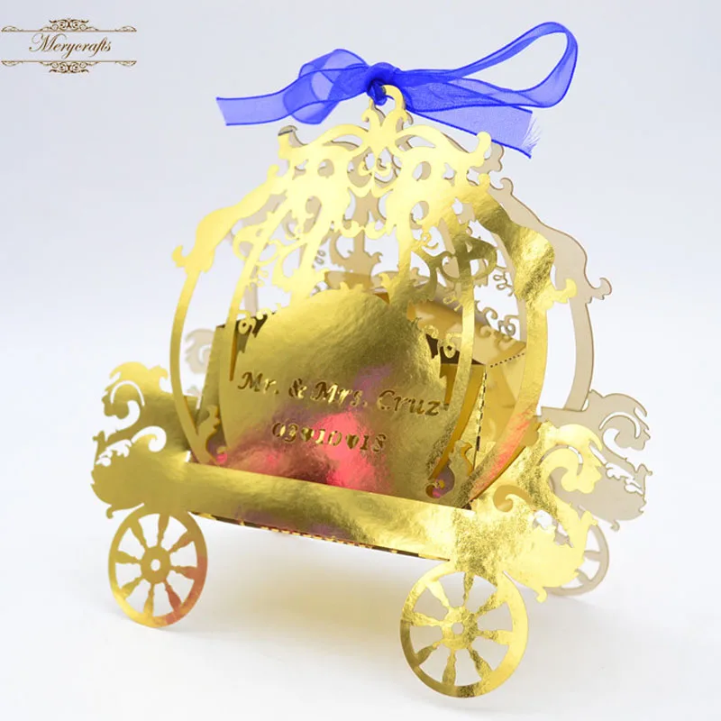 50 Pieces Laser cut Gold Favor Vivid Carriage Box Candy Gift for Wedding