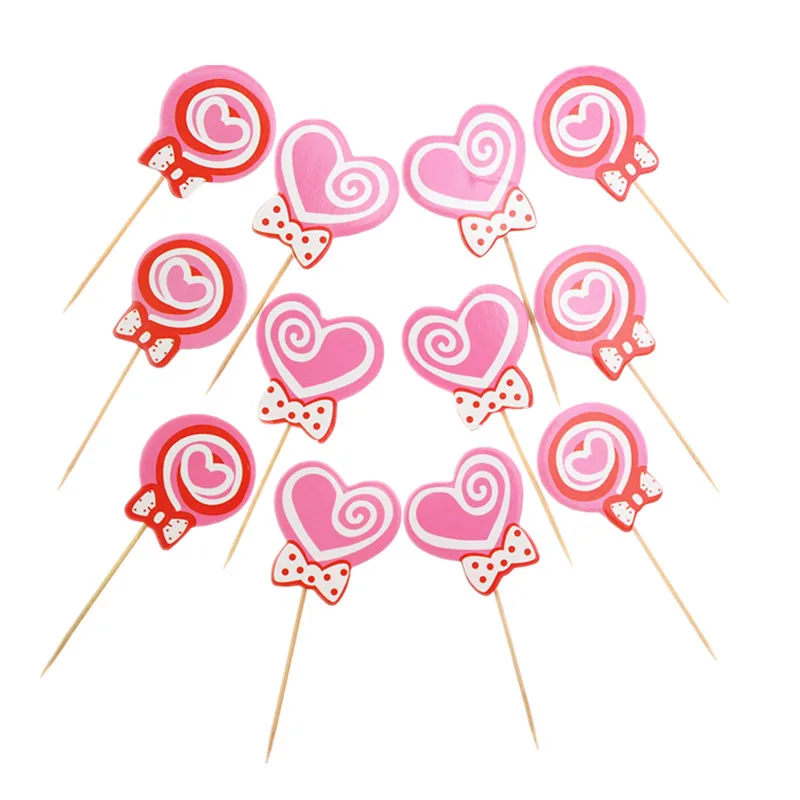 12 шт./лот розовый леденец с сердечком днем рождения флаги для торта на день