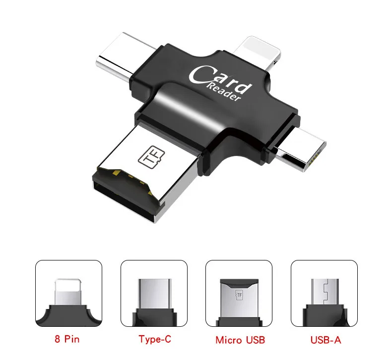 4 в 1 устройство для считывания телефонных карт с интерфейсом USB/Micro USB/type-C/lightning для Micro SD карты, соединяющейся со смартфоном