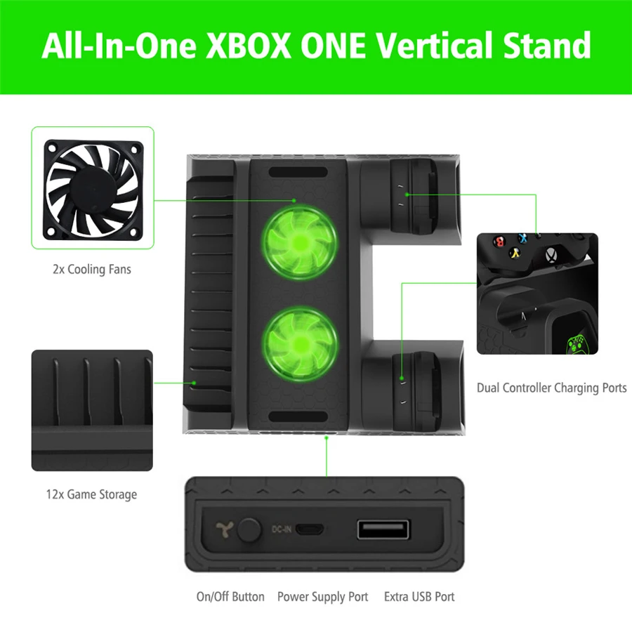 Yoteen Вертикальная охлаждающая подставка кулер зарядная станция для xbox One/xbox ONE S/xbox ONE X с 2 перезаряжаемыми батареями