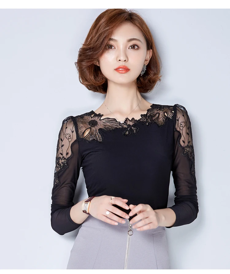 Women Blouses New Arrival 2018 Top Sexy Lace Floral Embroidery Fashion Shirts Long Sleeve Plus Size 62H 25 |