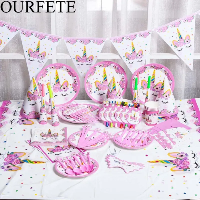 

1set 90pcs Magical Unicorn Party Set Disposable Tableware Kits Paper Plate Cup Napkin Unicornio Girl Kid Birthday Party Supplies