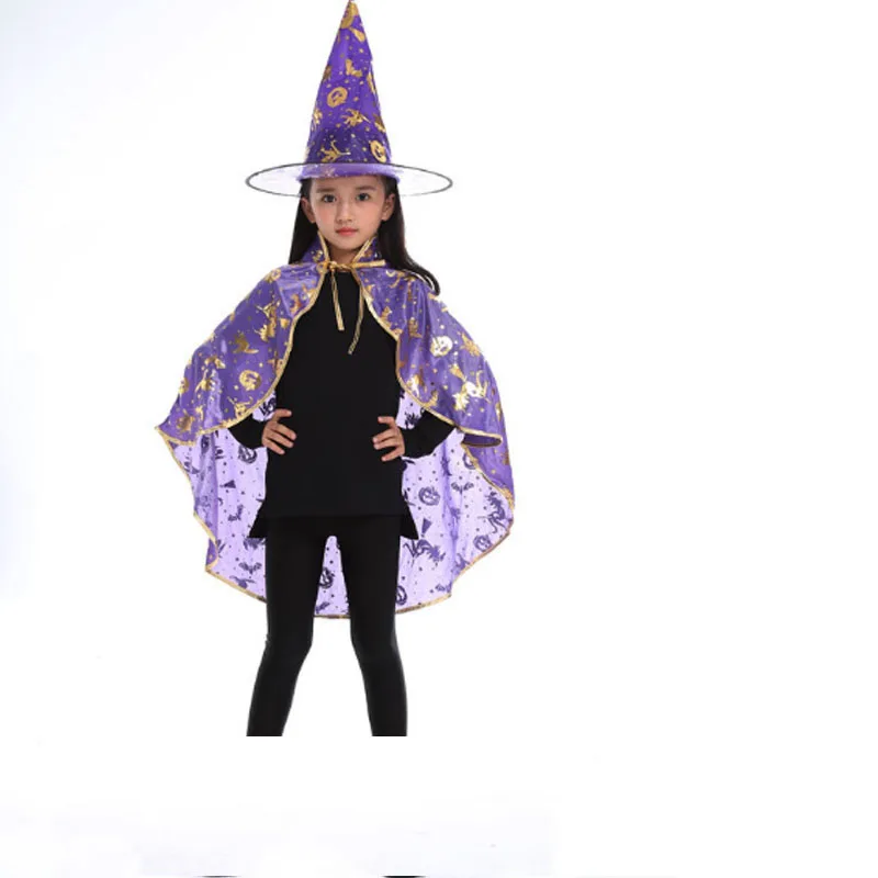 

Boy Girl Kids Childrens Costumes Witch Wizard Cloak Gown Robe And Hat Cap Stars Fancy Cosplay For Boys Girls Halloween