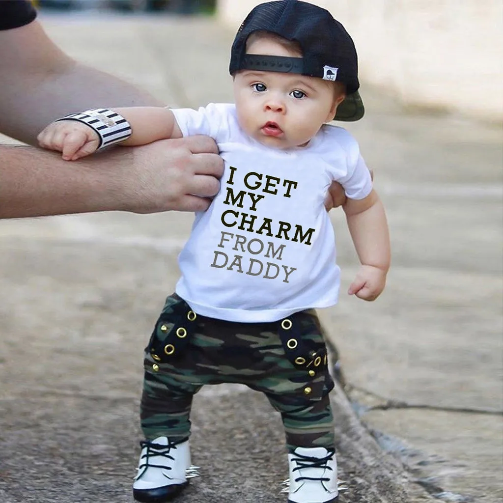 ISHOWTIENDA Toddler Kids Baby Boys Letter Tops T-shirt Camo Pants Set 2PCS Clothes Outfits Boy Summer |