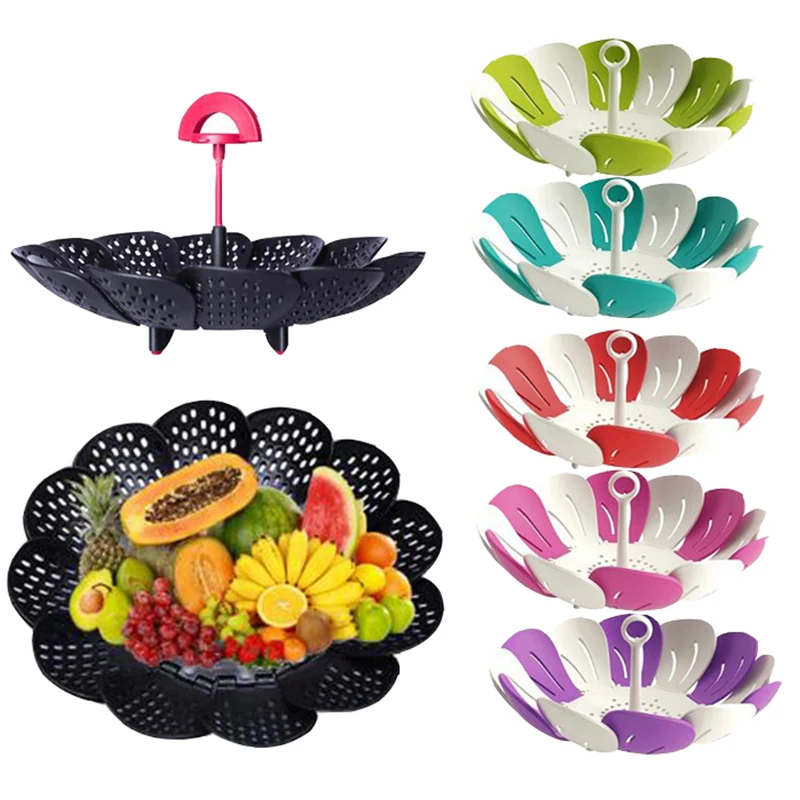 

Black/Green Plastic Basket Lotus Shape Steamer Extendable Handle Vegetable Tray Egg Cooker Kitchen Gadgets Cookware