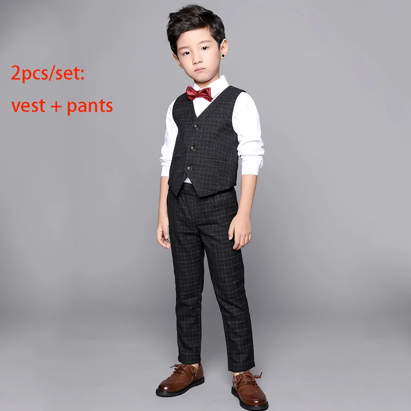 black 2 pcs Весенне-осеннее платье с цветочным принтом для мальчиков, комплекты с жилетом, детский жилет, рубашки, штаны, наряды, Детские вечерние костюмы для дня рождения, свадьбы, выступлений - Цвет: black 2 pcs