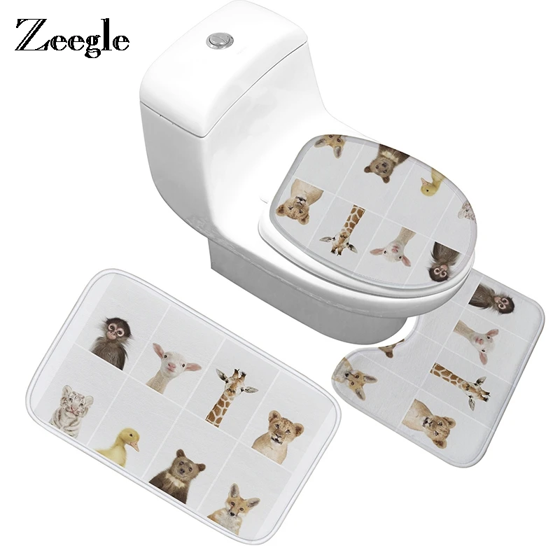 

Zeegle Toilet Mat Animals Printed Bathroom Carpet 3pcs Bathroom Mat Set Non-slip Shower Carpet Bath Rugs Absorbent Foot Mats
