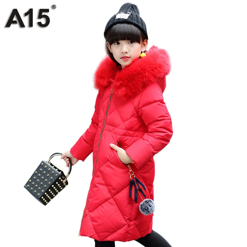 8861Red A15, Зимний пуховик для девочек-подростков, коллекция года, детская одежда пуховое пальто для девочек детское теплое длинное черное пальто с большим меховым капюшоном для малышей, 10 - Цвет: 8861Red
